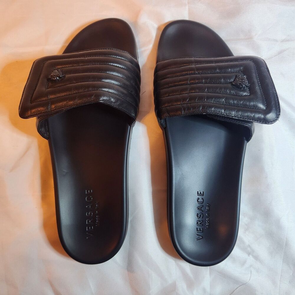 Versace Men’s Black Leather Medusa Quilted Slide Sandals Size 46/US 13